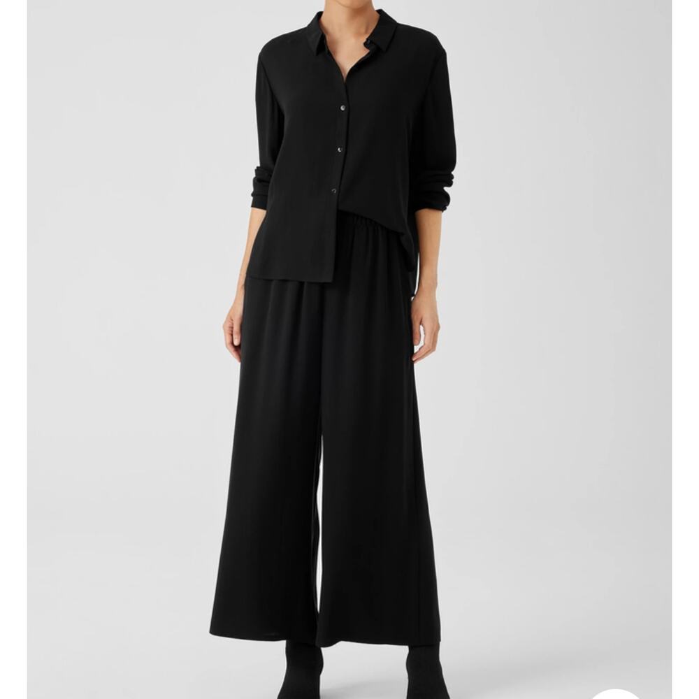 Eileen Fisher Silk Georgette Crepe Wide Leg Pleated Pants Sz XL Black High Waist